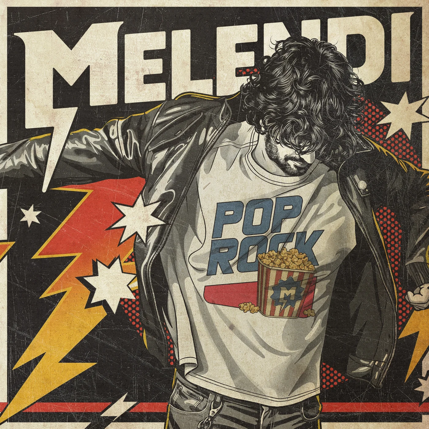 Portada de Pop Rock (2026): Melendi ilustrado con chupa de cuero y camiseta Pop Rock, rayos y estrellas
