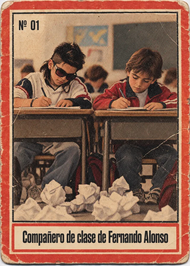 Cromo: dos niños en sus pupitres, en clase; compañero de clase de Fernando Alonso