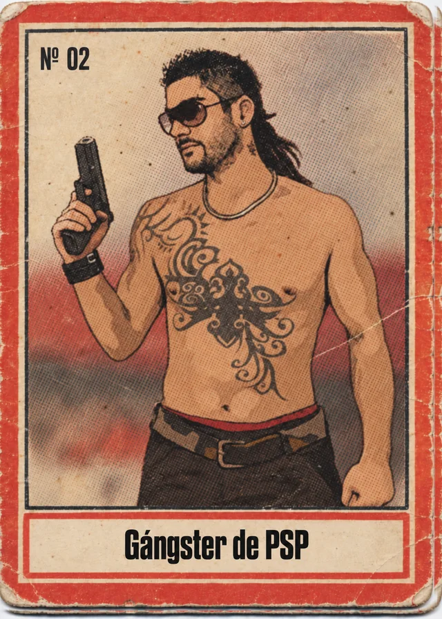Cromo: Melendi ilustrado como gánster del videojuego Gangs of London
