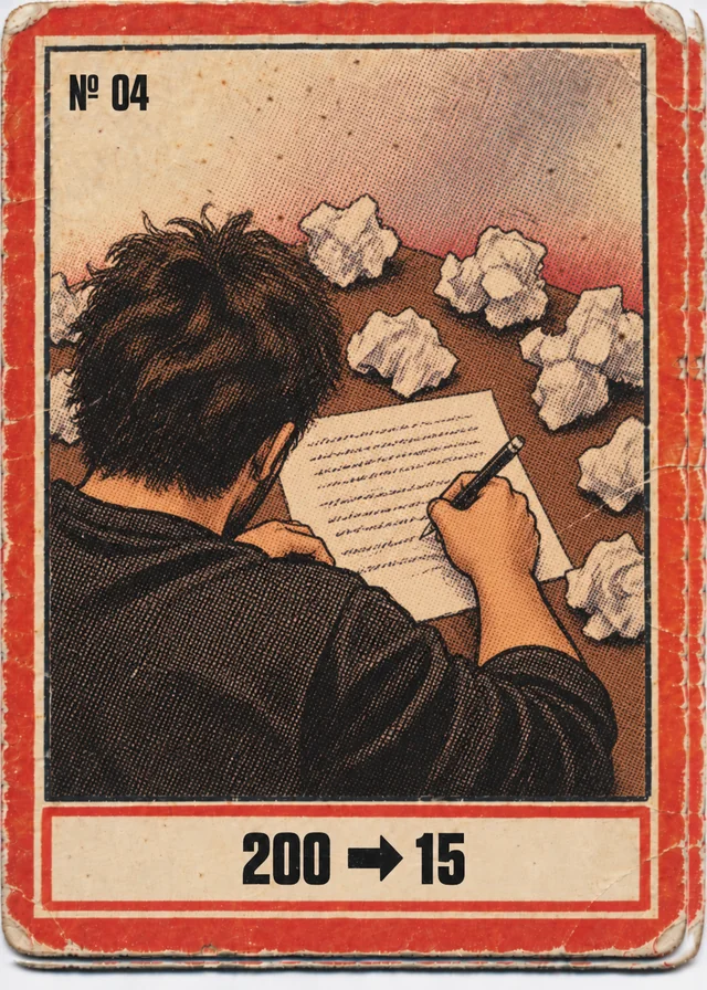 Cromo: escribiendo canciones rodeado de bolas de papel, 200 → 15